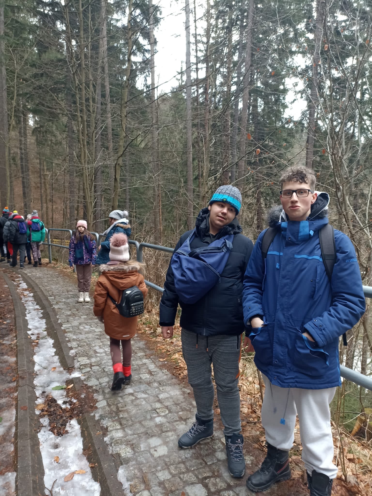 Na ścieżce w lesie znajduje się grupa osób 