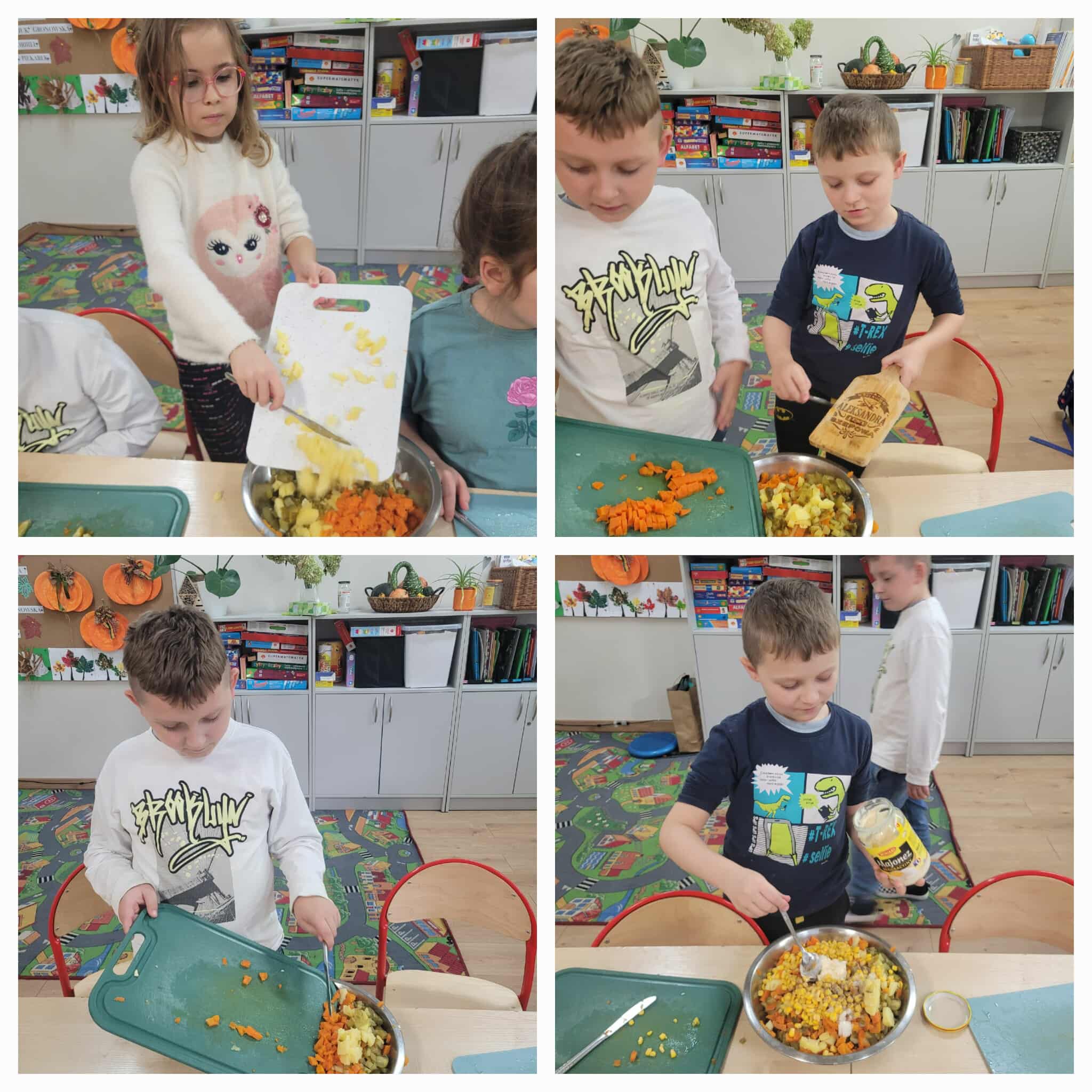 Na obrazku widać : osoby, miska, pokrojone potrawy.